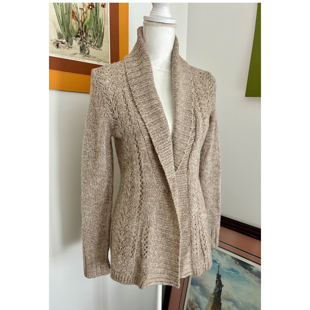 Laura Scott Cardigan Women S Tan Shawl Collar Pointelle Knit Sweater